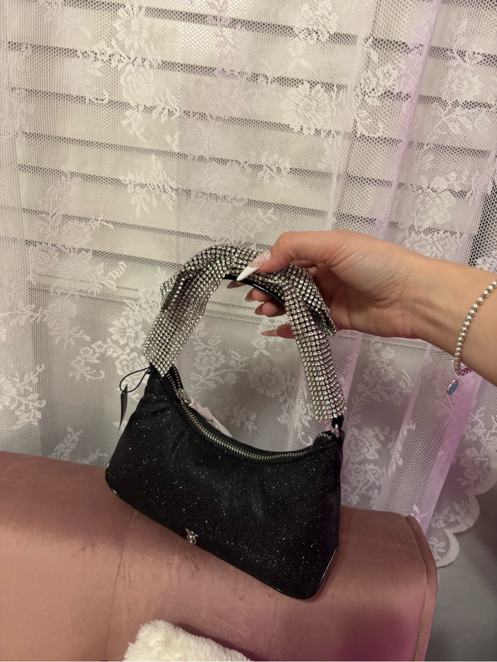 Victoria’s Secret Black Glitter Rhinestone Bow Handle Shoulder Bag